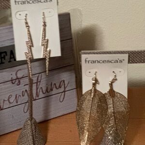 Francesca's Gold Rhinestone Lightning & Textured Leaf Earrings Set~New~boho
